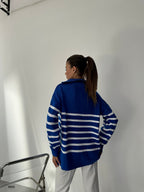 Striped Zip-Up Saks Knit Sweater
