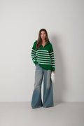Striped Zip-Up Green Knit Sweater