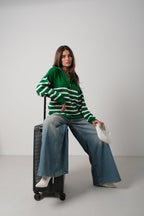 Striped Zip-Up Green Knit Sweater