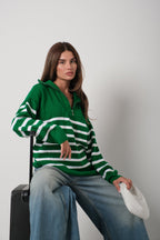 Striped Zip-Up Green Knit Sweater
