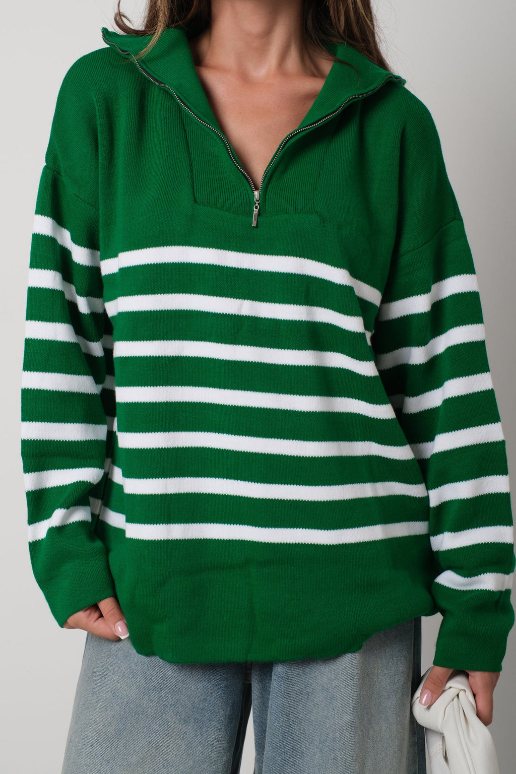 Striped Zip-Up Green Knit Sweater