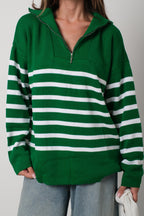 Striped Zip-Up Green Knit Sweater