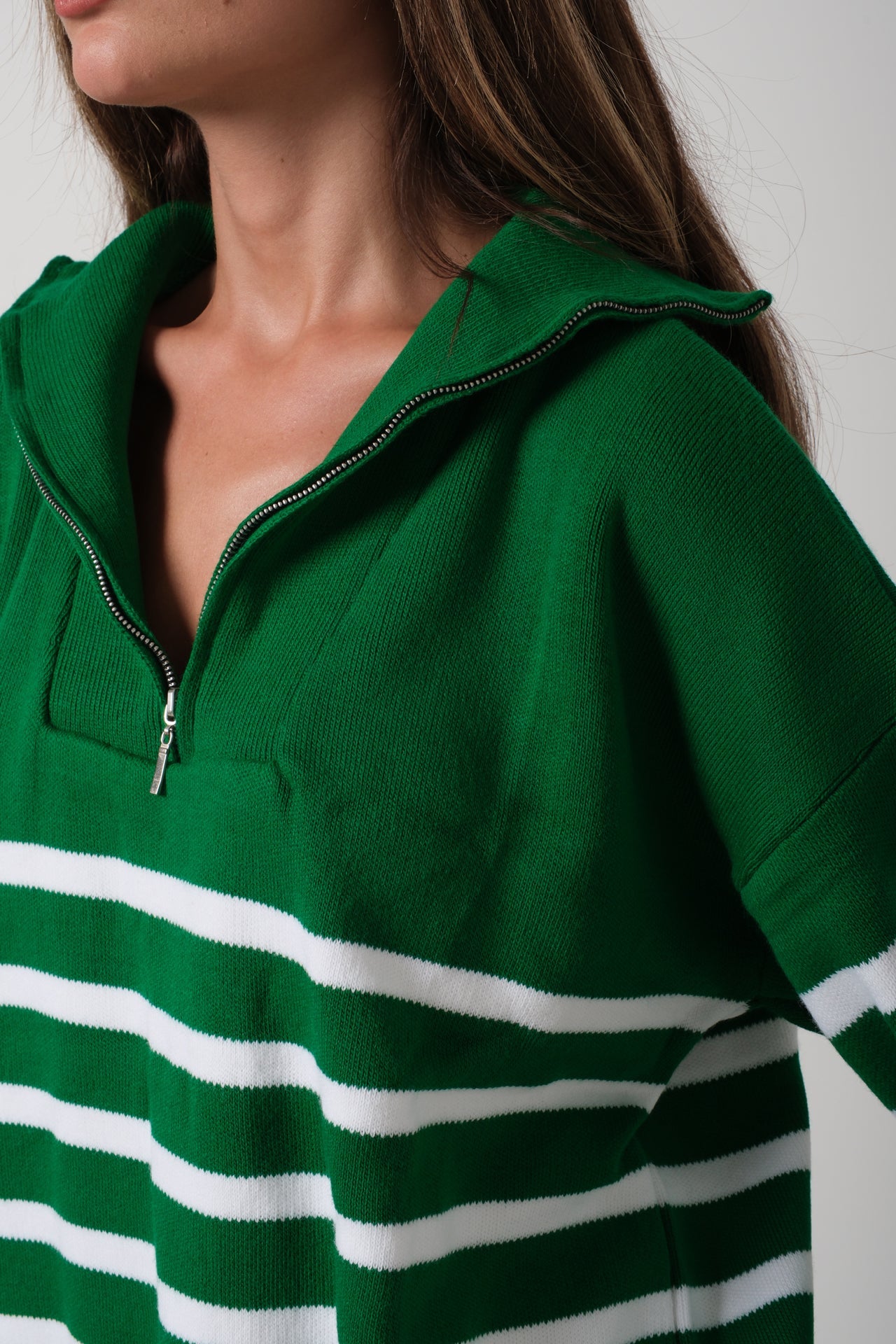 Striped Zip-Up Green Knit Sweater