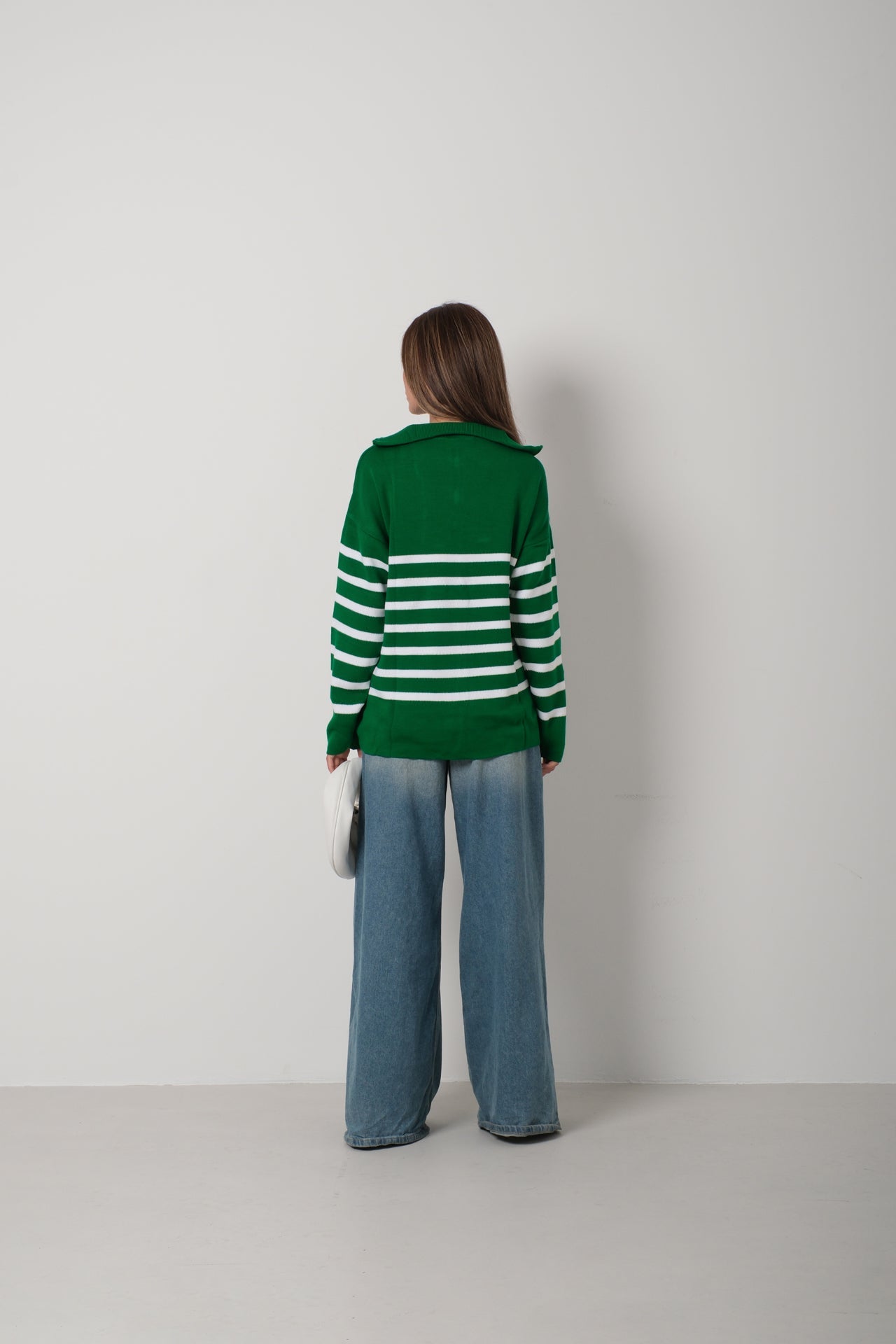Striped Zip-Up Green Knit Sweater
