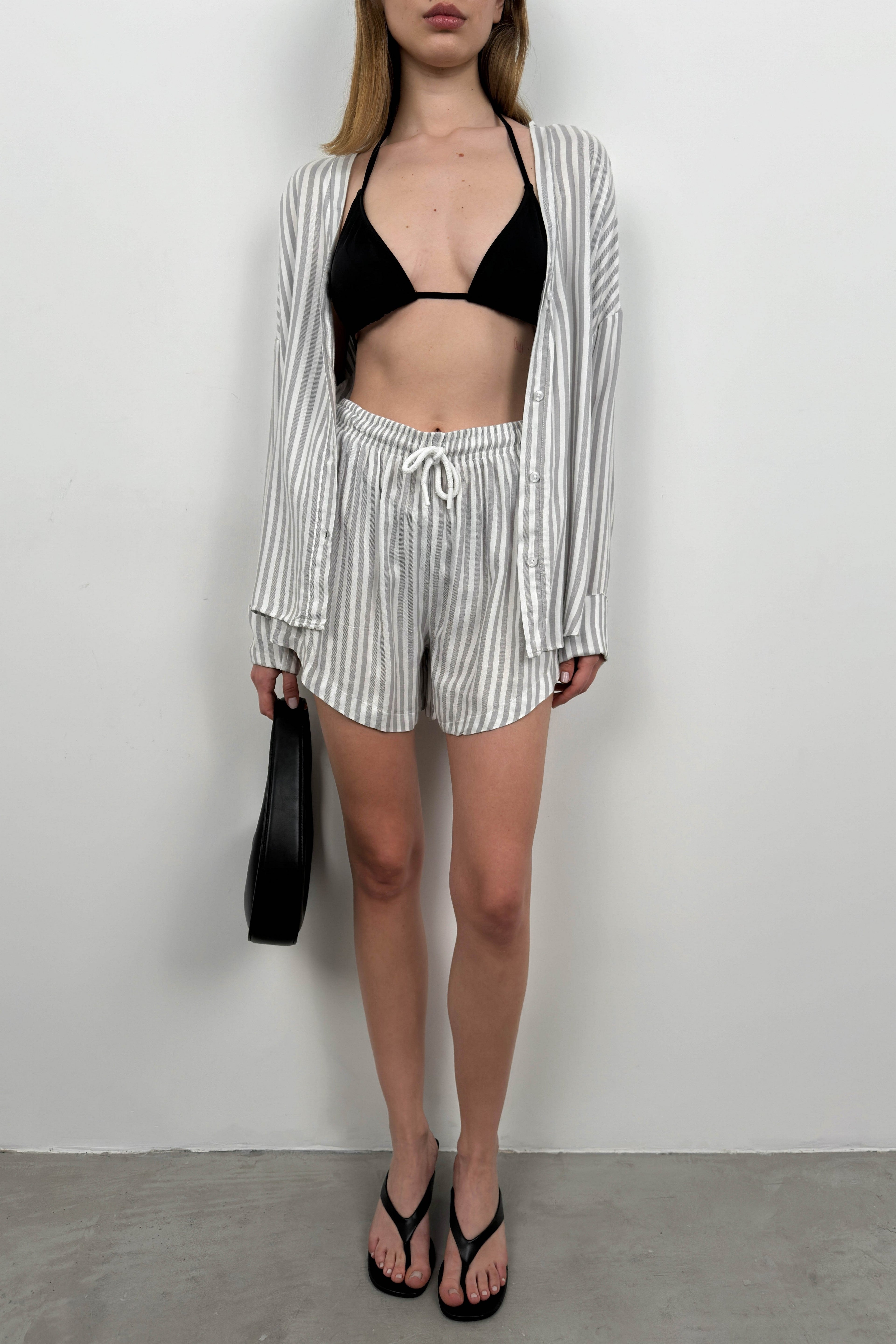 Striped Shirt Gray Shorts Set