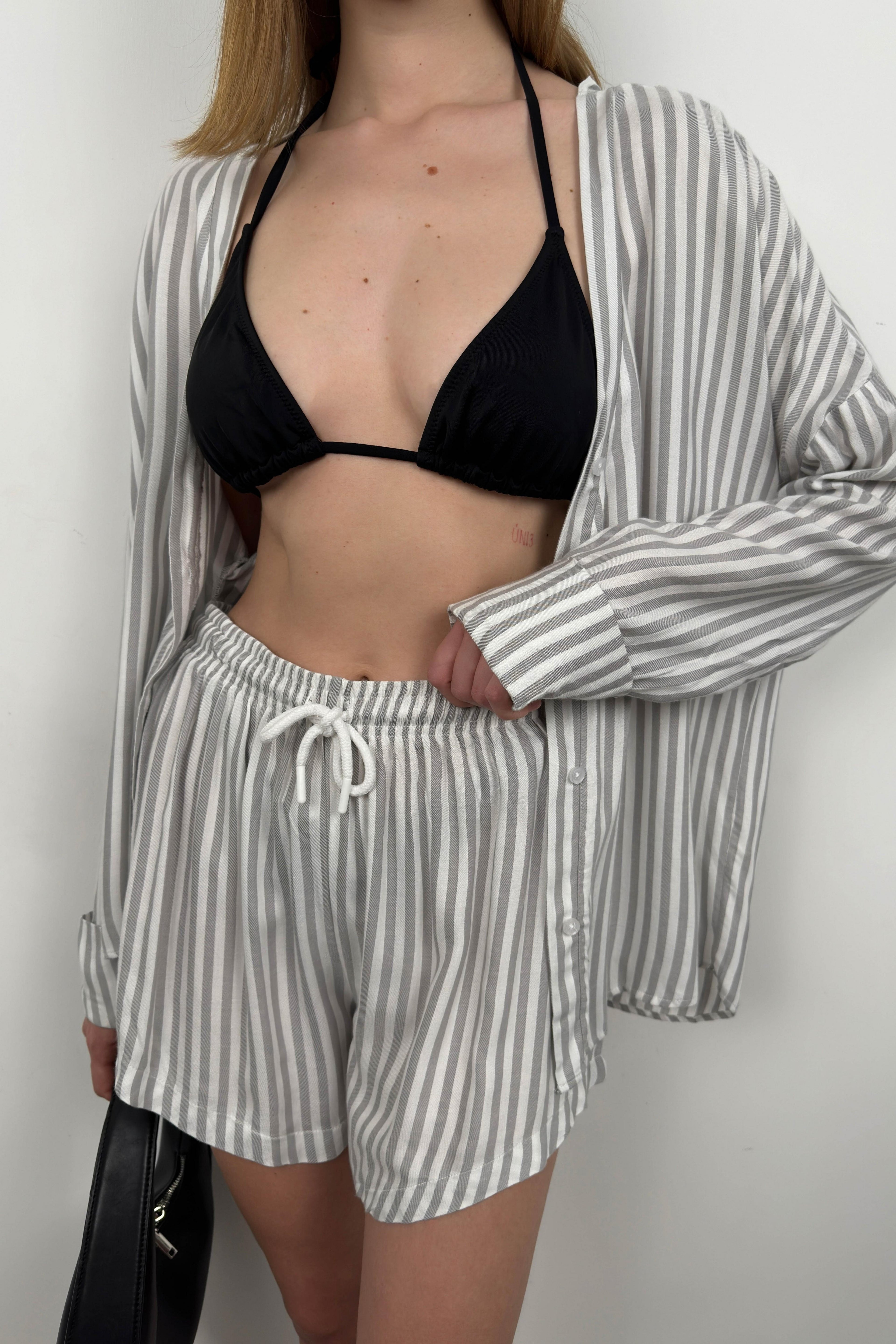 Striped Shirt Gray Shorts Set