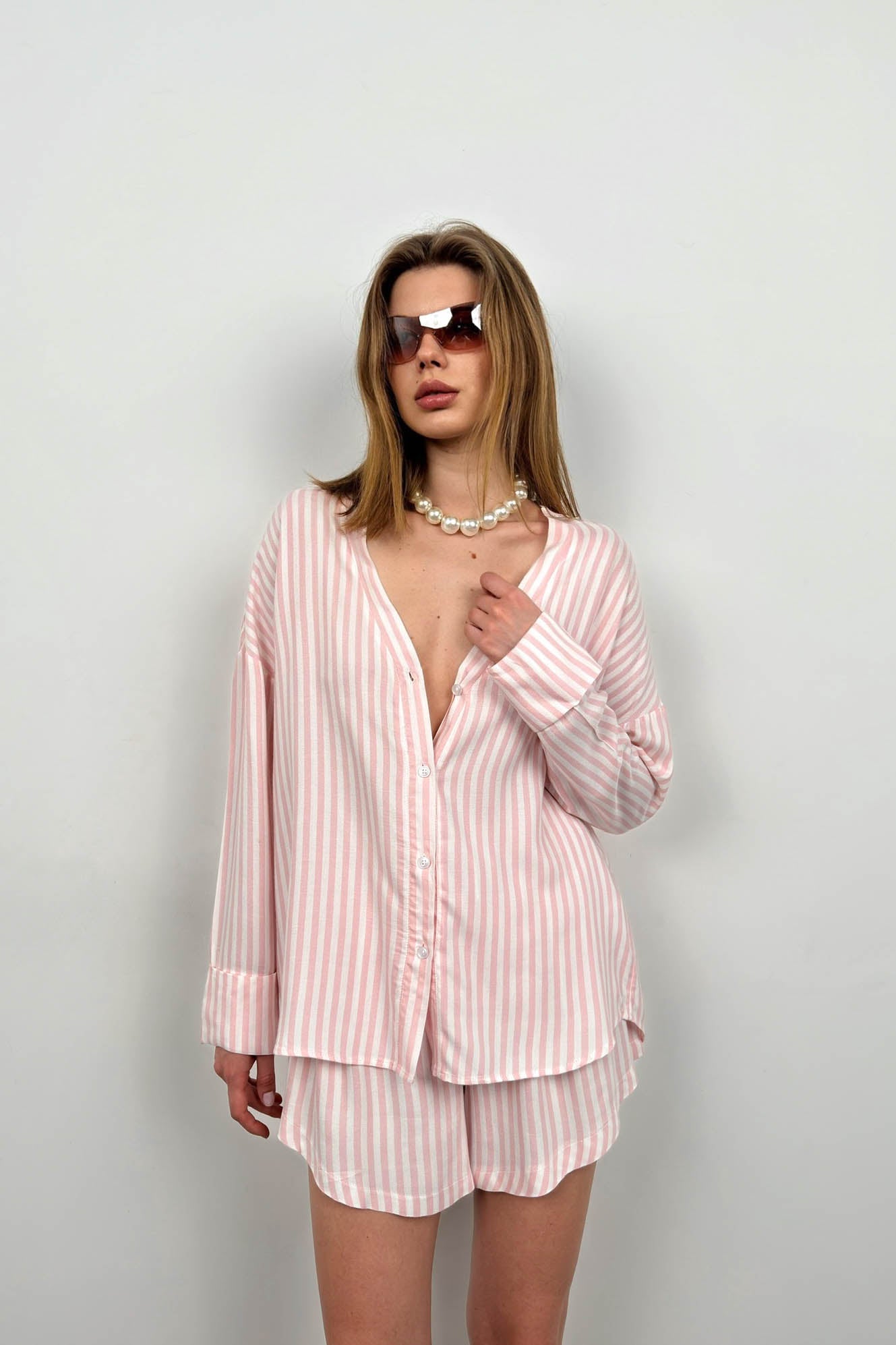 Striped Shirt Pink Shorts Set