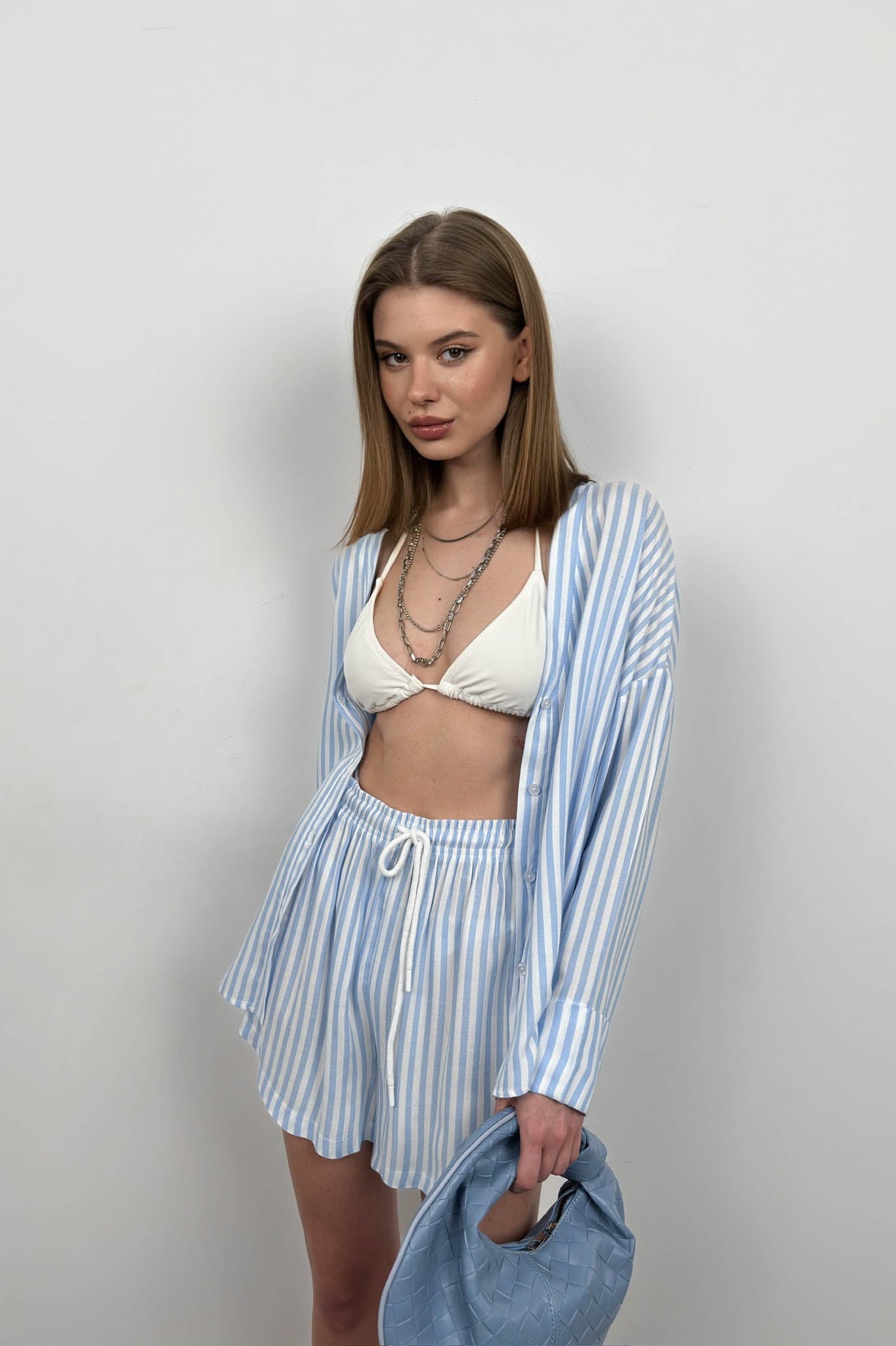 Striped Shirt Blue Shorts Set