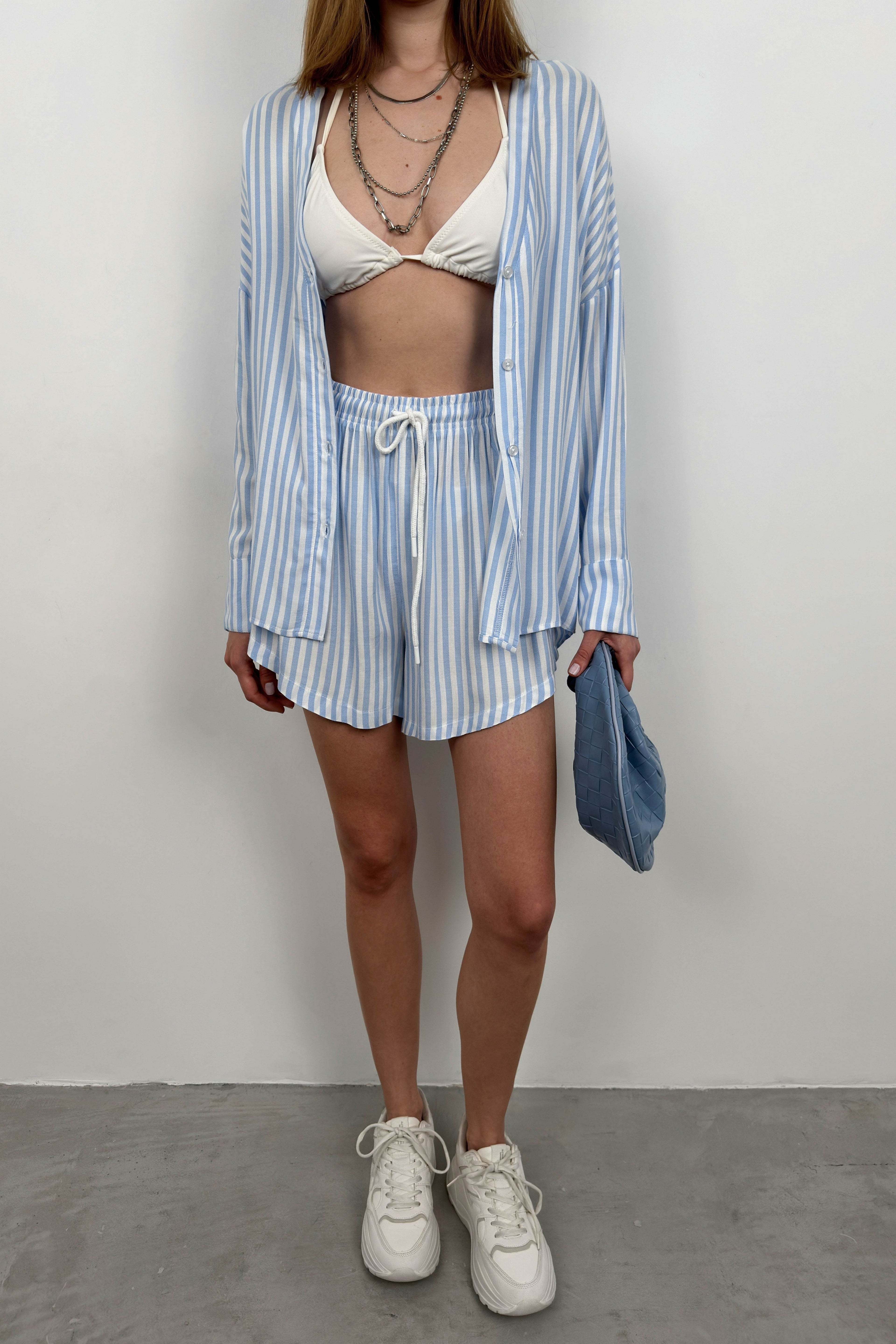 Striped Shirt Blue Shorts Set