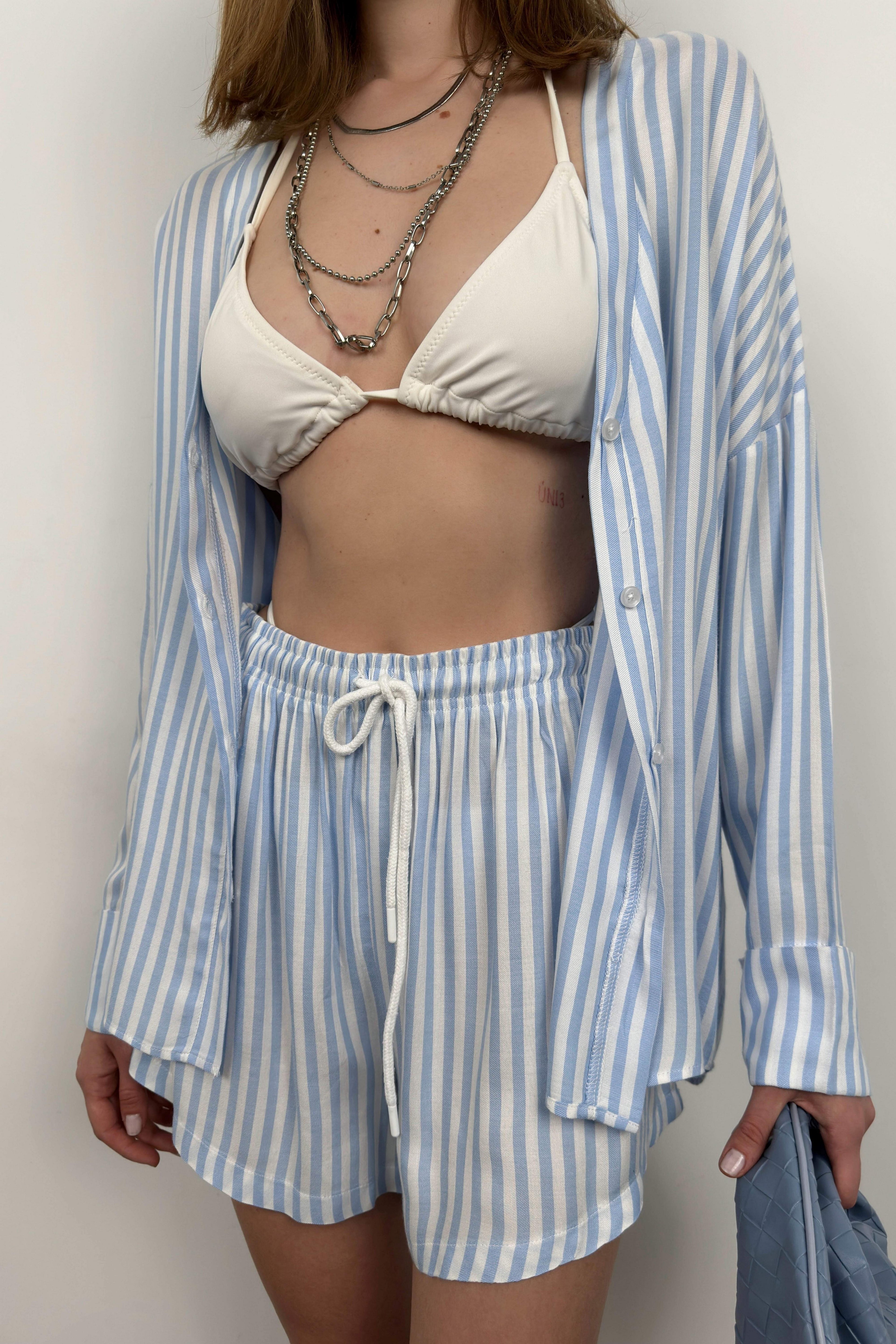 Striped Shirt Blue Shorts Set