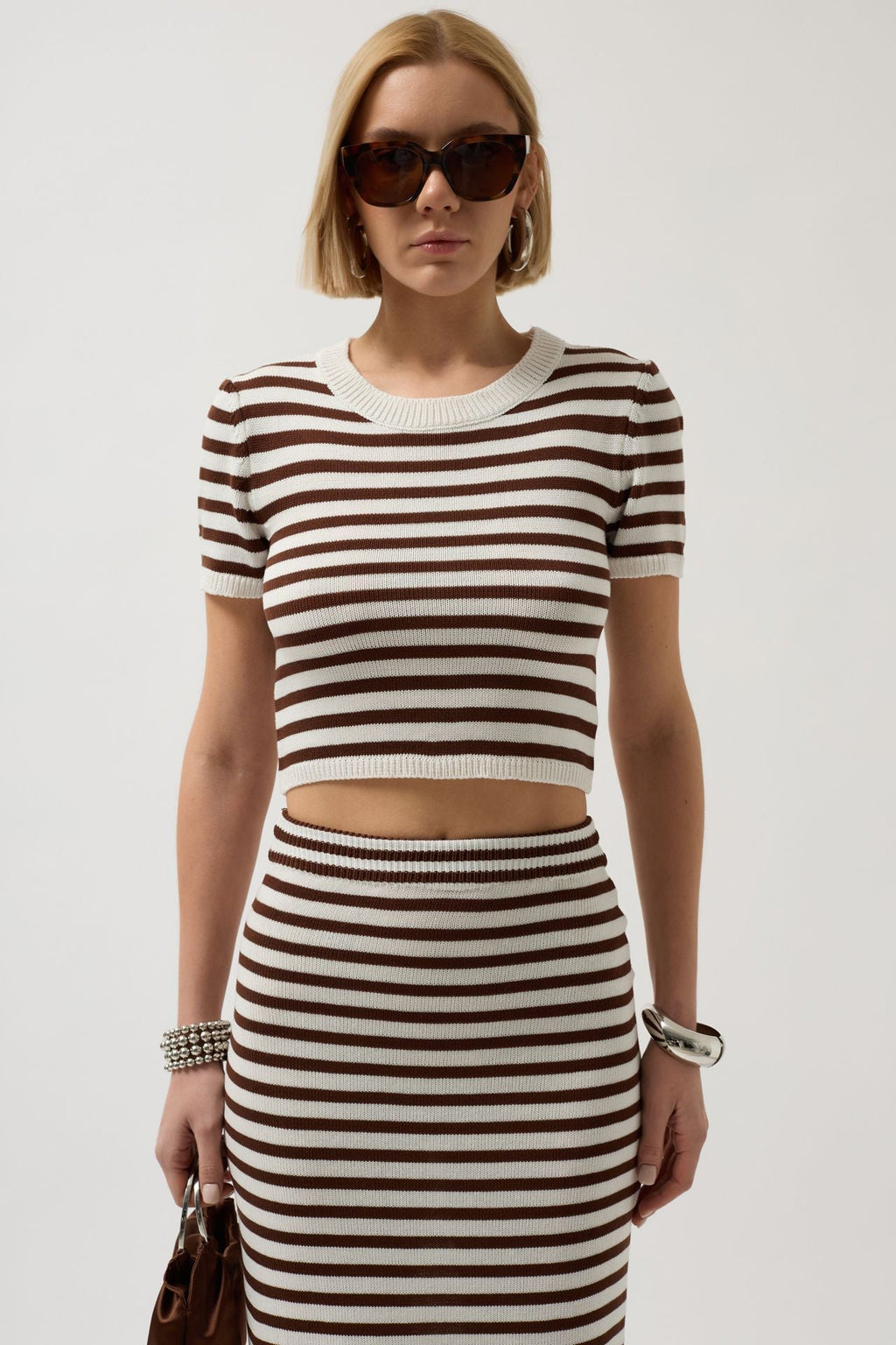 Striped Textured Midi White-Brown Skirt