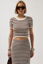 Striped Textured Midi White-Brown Skirt