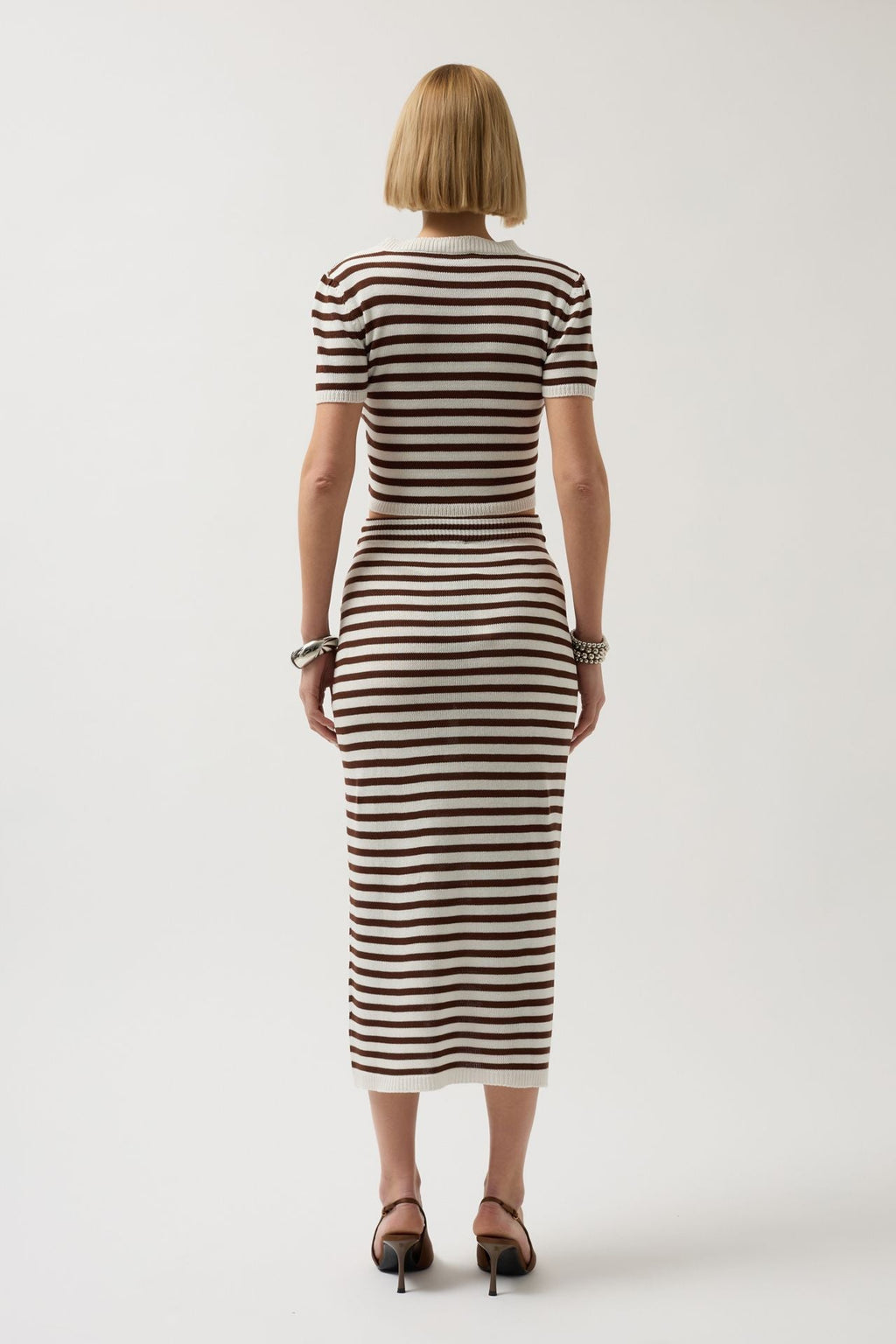 Striped Textured Midi White-Brown Skirt