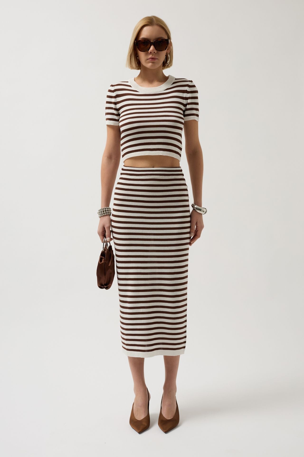 Striped Textured Midi White-Brown Skirt