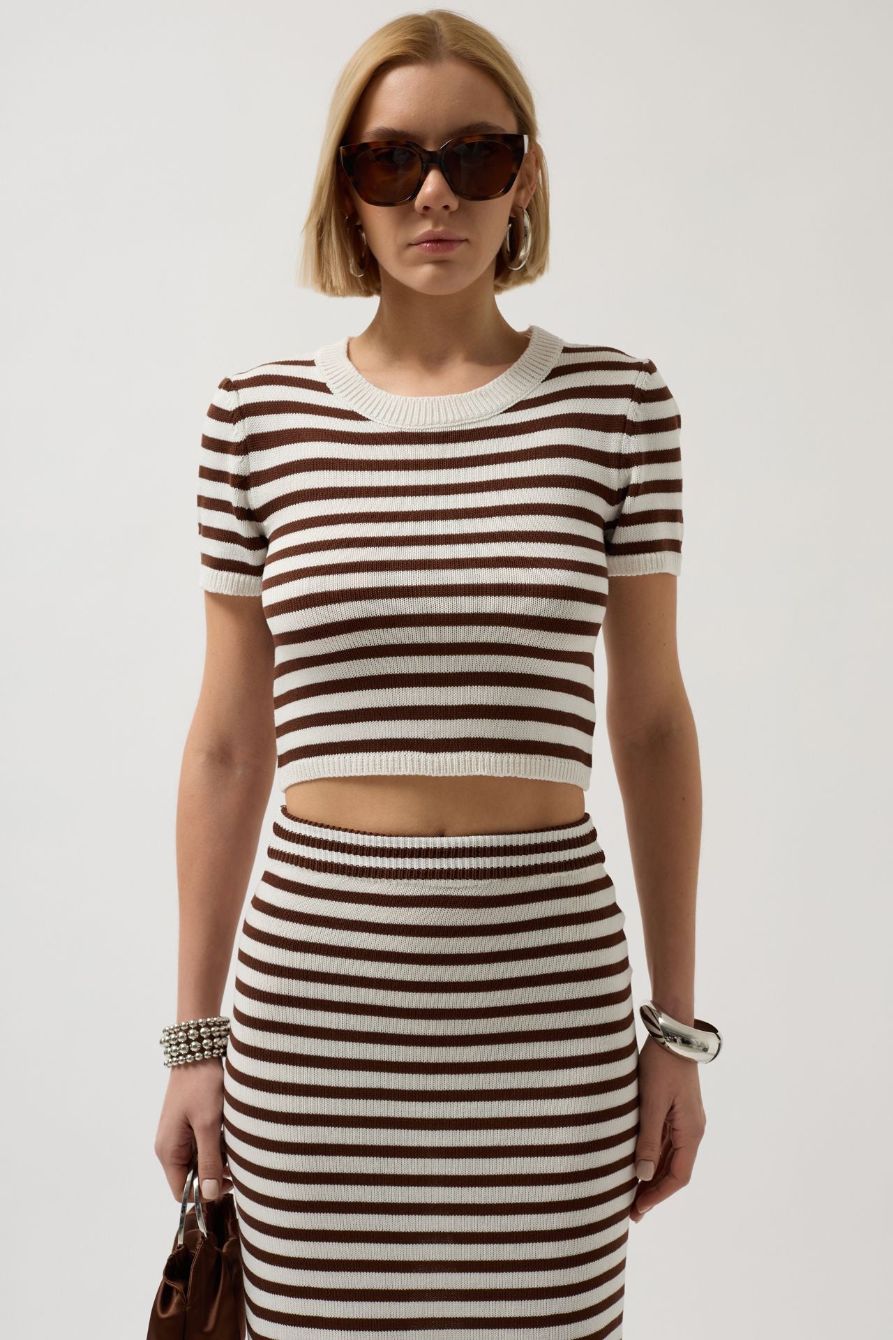 Striped Textured Midi White-Brown Skirt