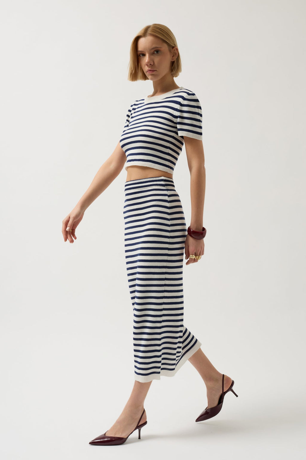 Striped Textured Midi White-Navy Skirt