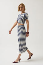 Striped Textured Midi White-Navy Skirt