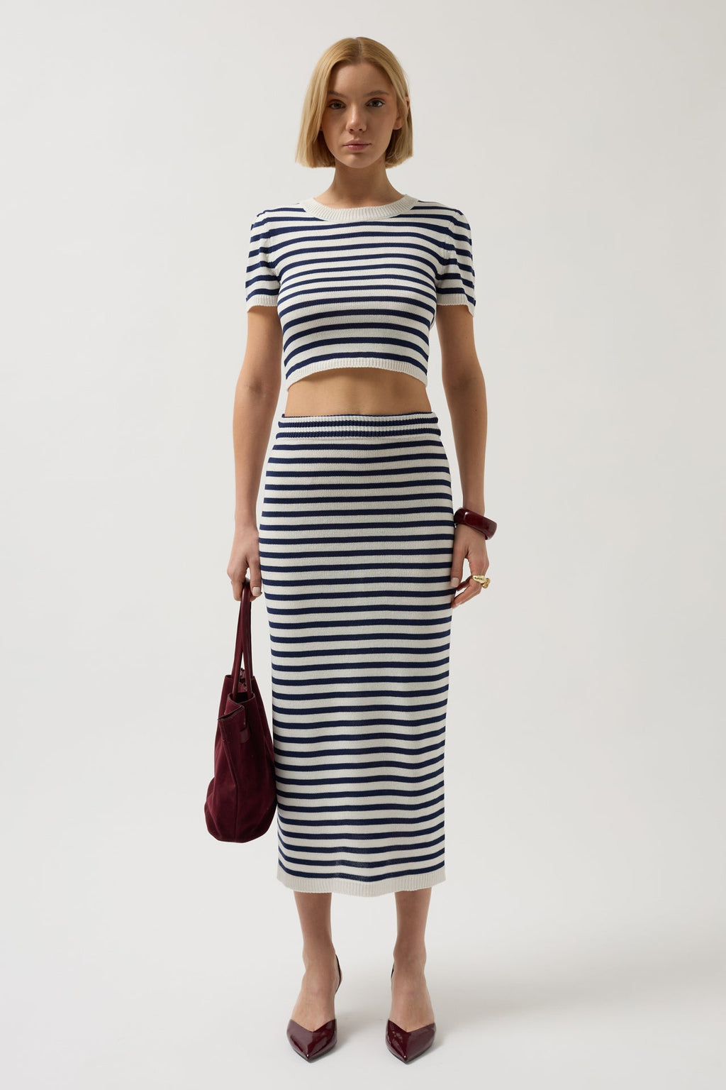 Striped Textured Midi White-Navy Skirt
