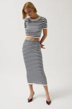 Striped Textured Midi White-Navy Skirt