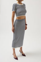 Striped Textured Midi White-Navy Skirt