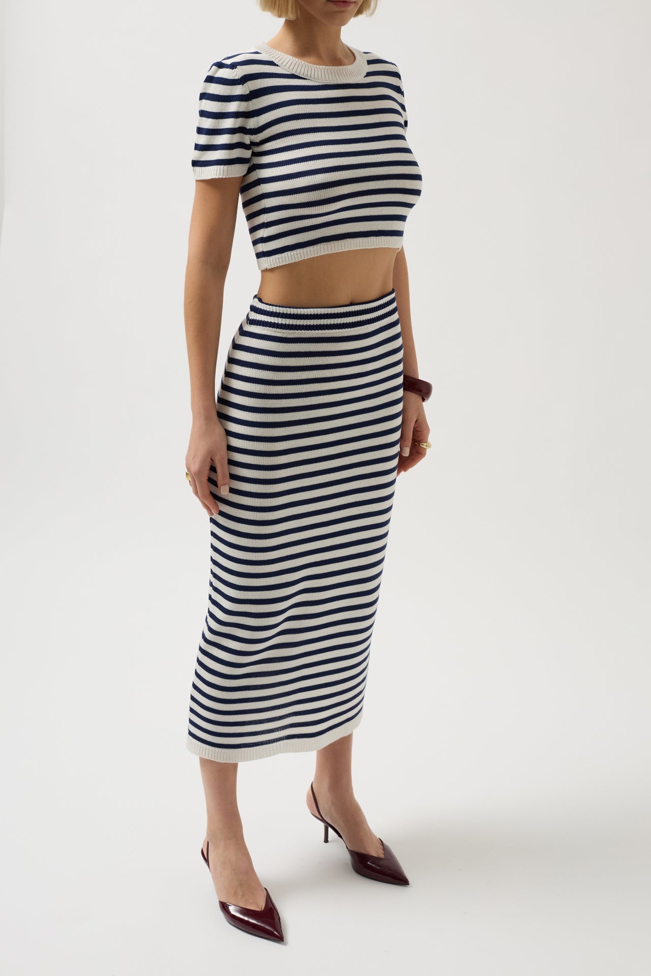 Striped Textured Midi White-Navy Skirt