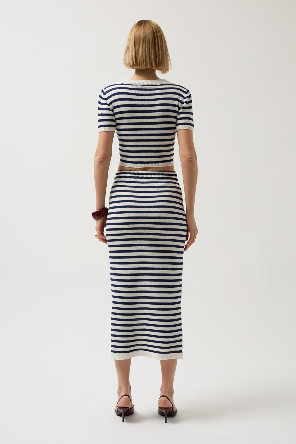 Striped Textured Midi White-Navy Skirt