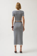 Striped Textured Midi White-Navy Skirt