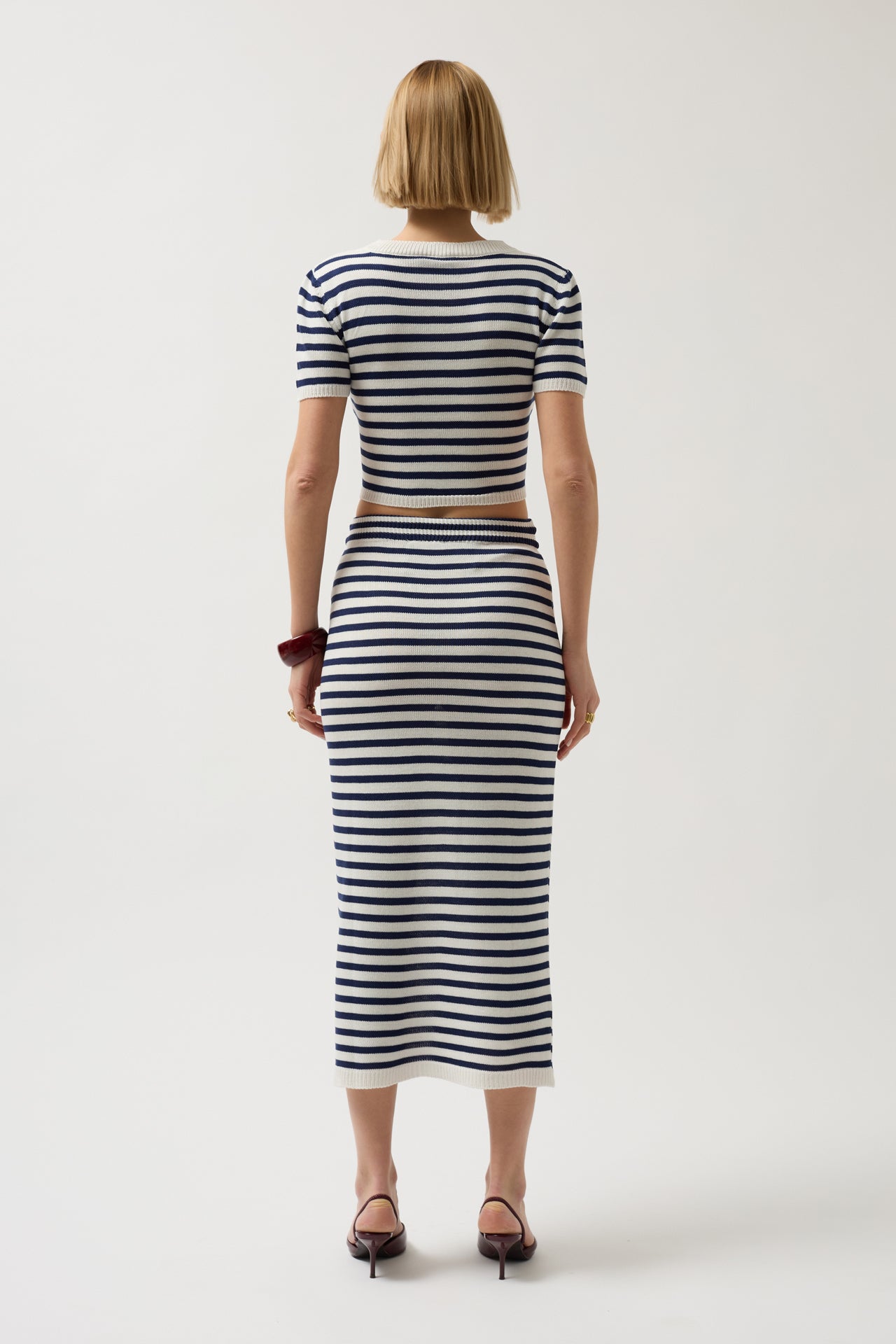 Striped Textured Midi White-Navy Skirt