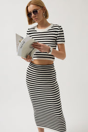 Striped Midi Textured White-Navy Skirt