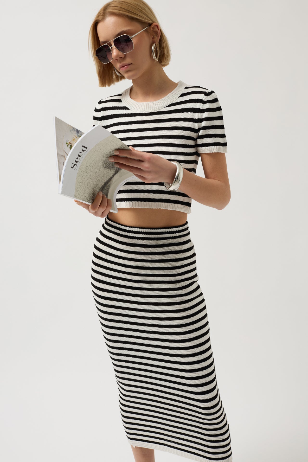 Striped Textured Midi White-Black Skirt