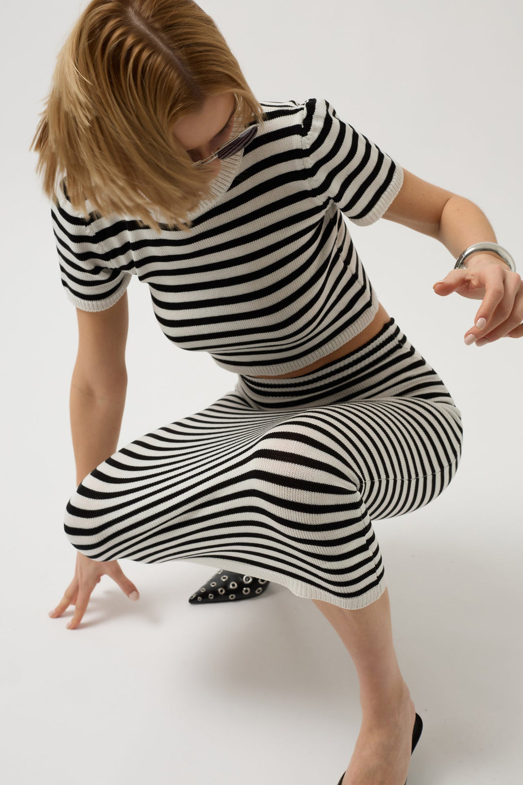 Striped Textured Midi White-Black Skirt