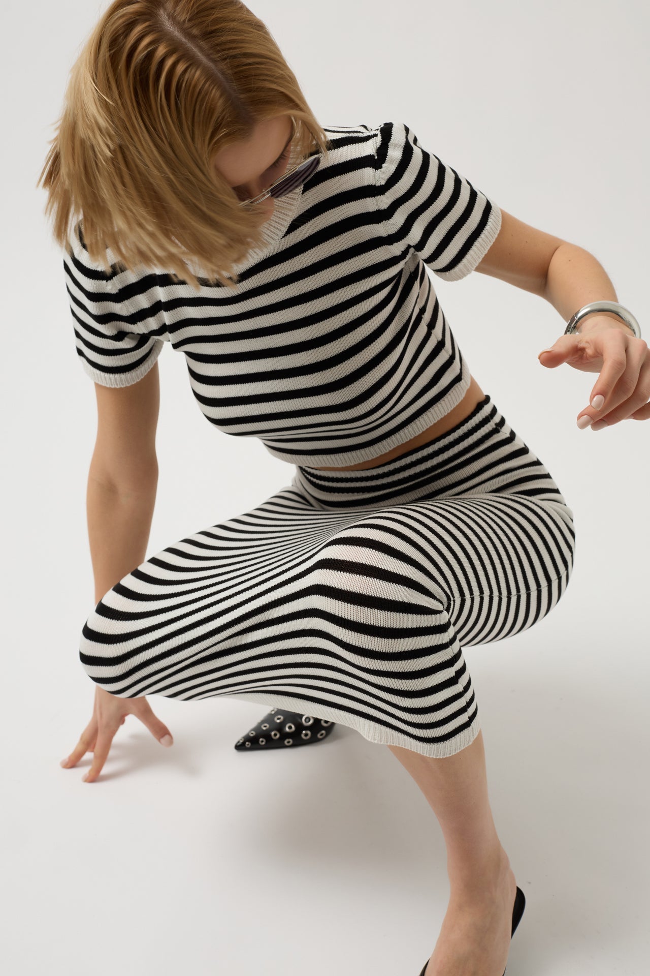 Striped Textured Midi White-Black Skirt