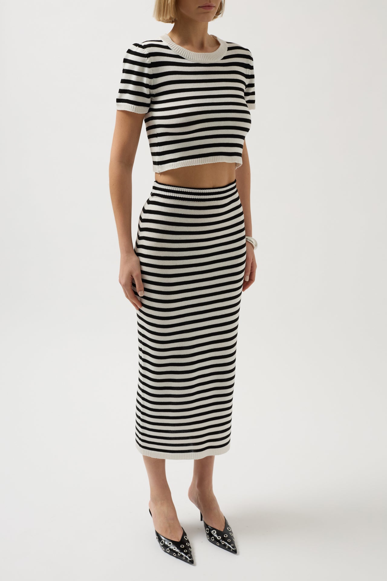Striped Textured Midi White-Black Skirt