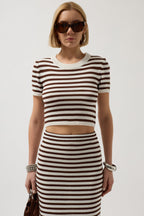 Striped Textured Midi White-Brown Skirt