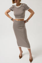 Striped Textured Midi White-Brown Skirt