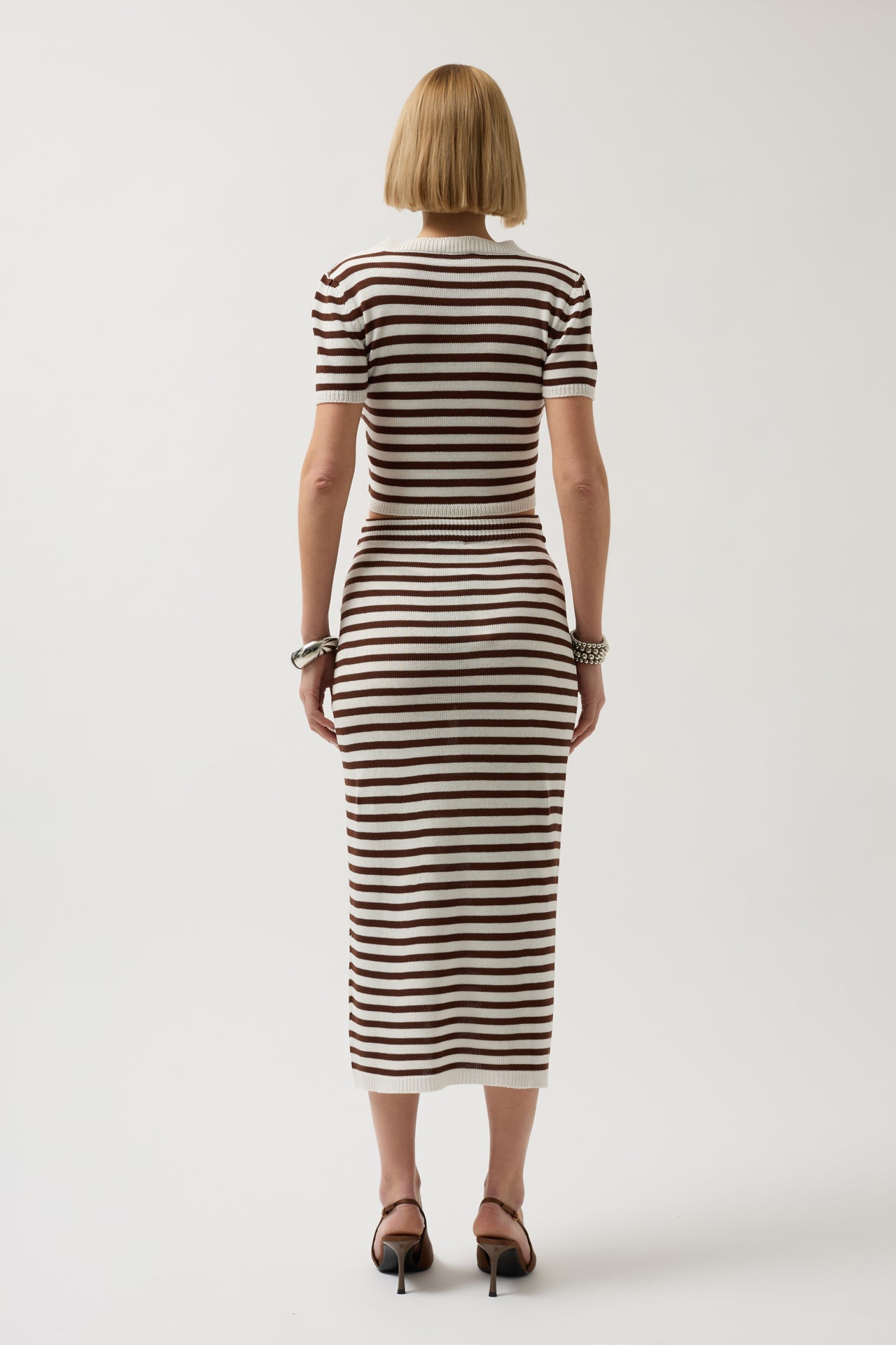 Striped Textured Midi White-Brown Skirt
