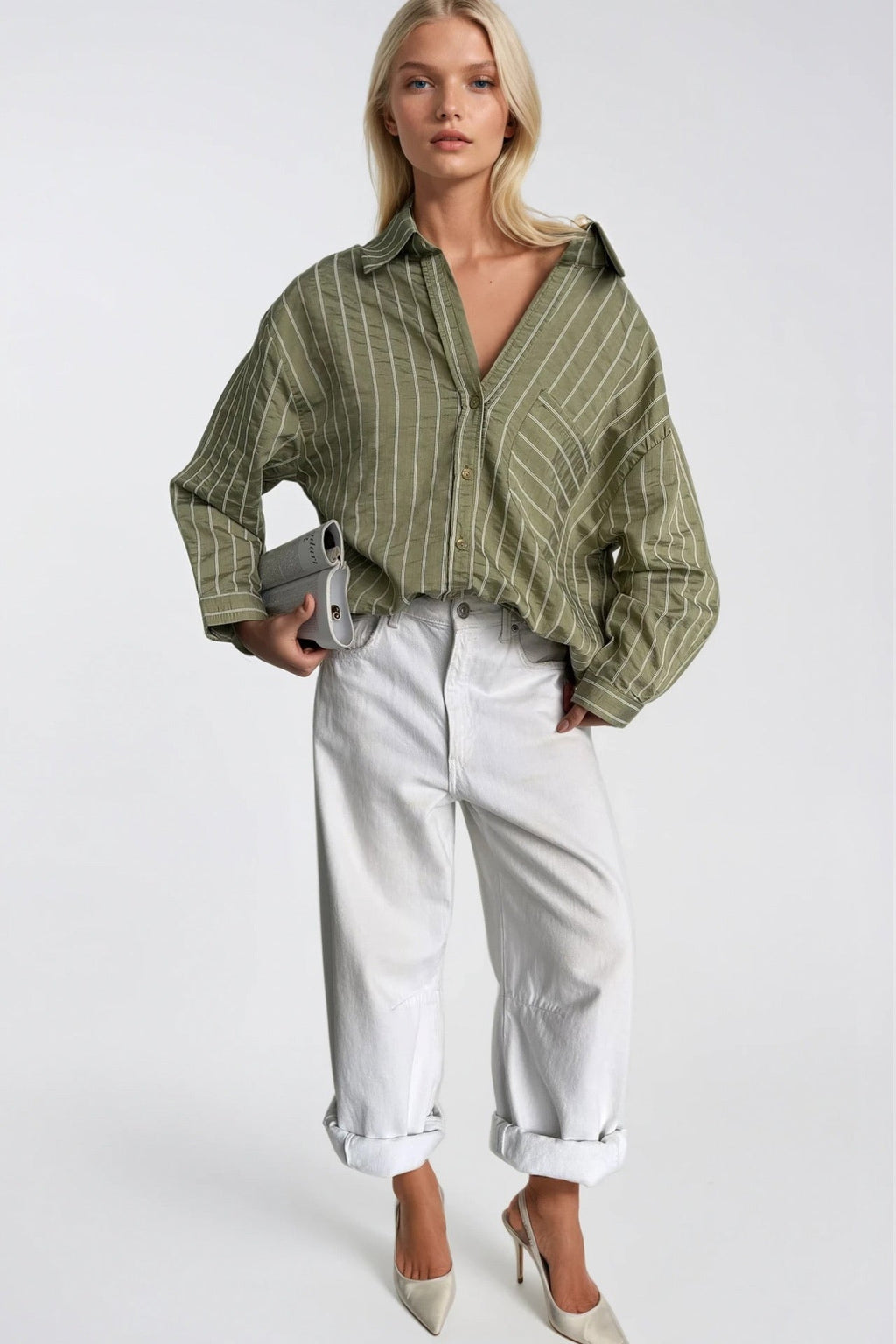 Striped Oversize Khaki Modal Shirt