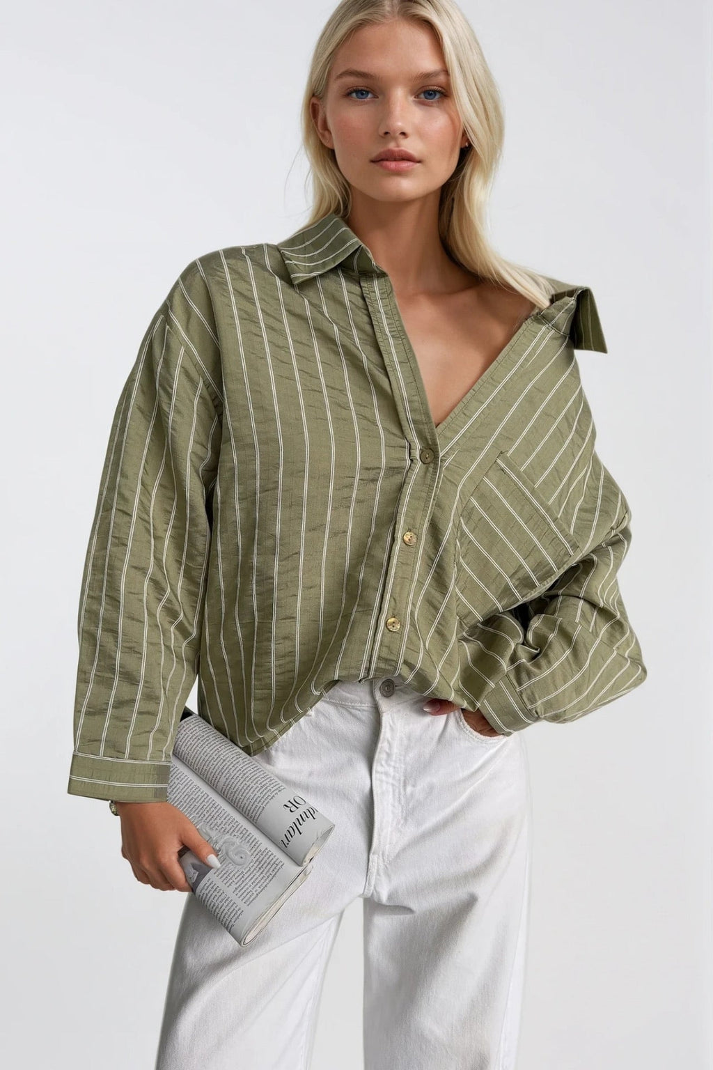 Striped Oversize Khaki Modal Shirt