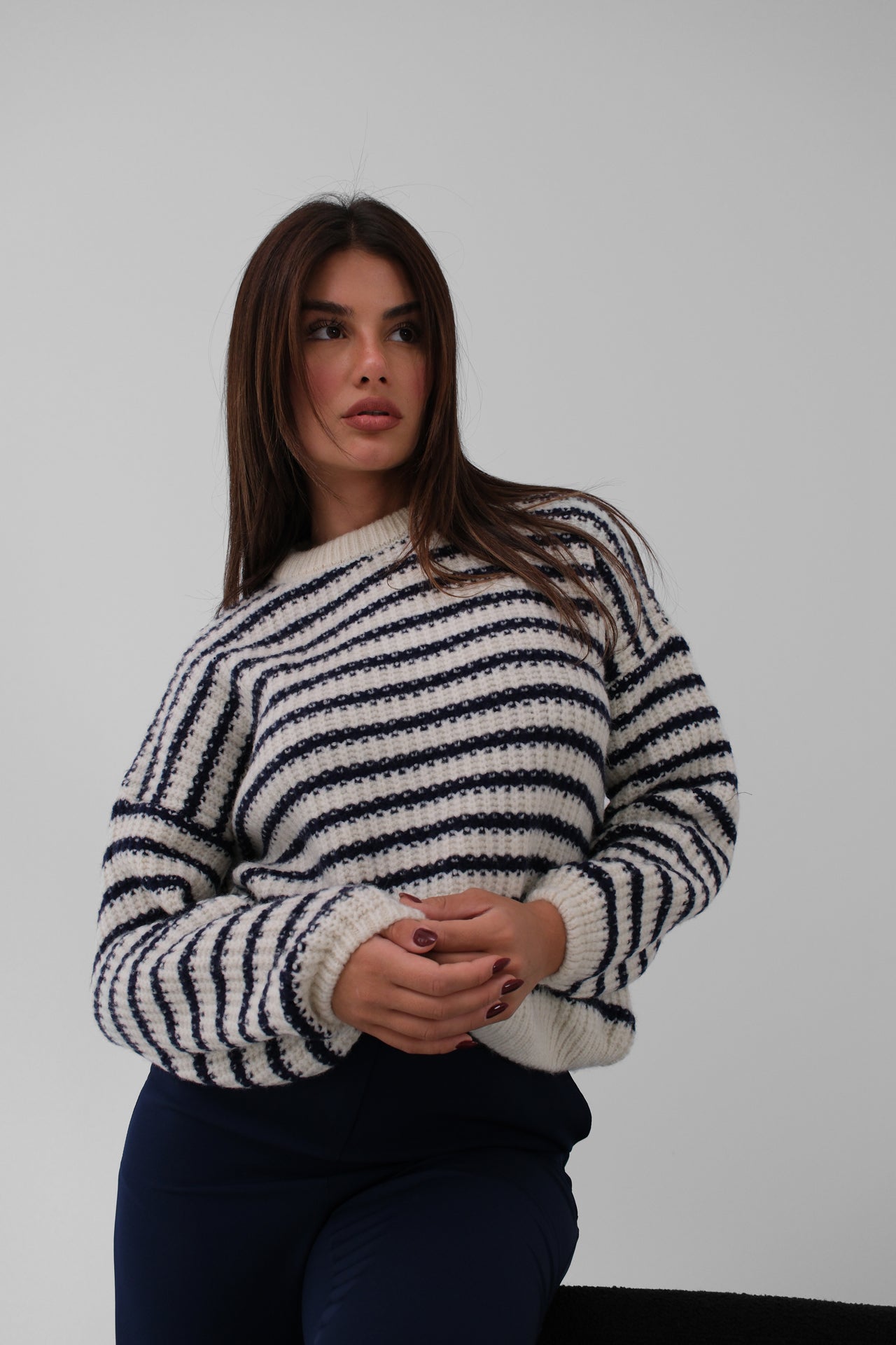 Striped Oversize White Knit Sweater