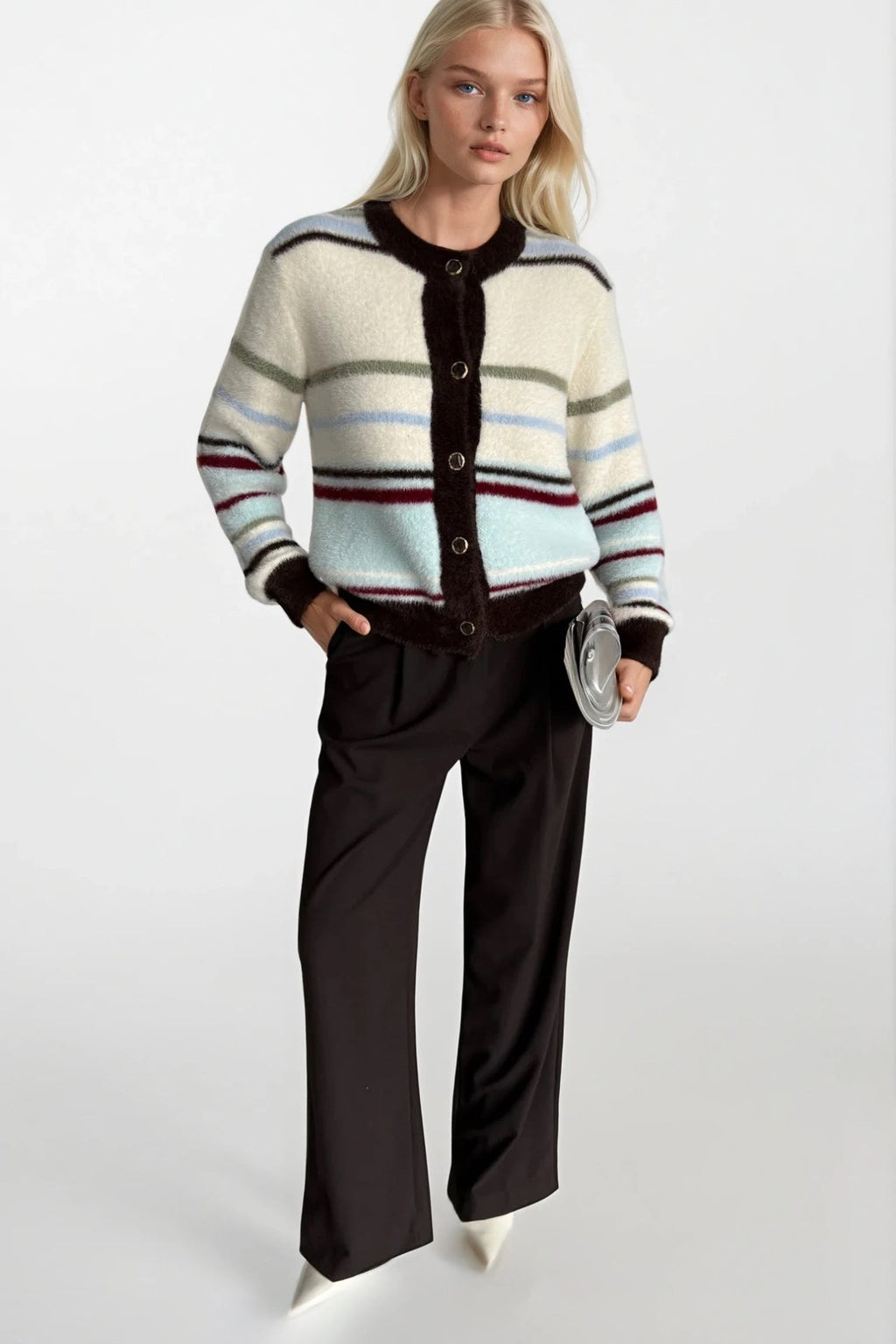 Striped Plush Buttoned Colorful Cardigan
