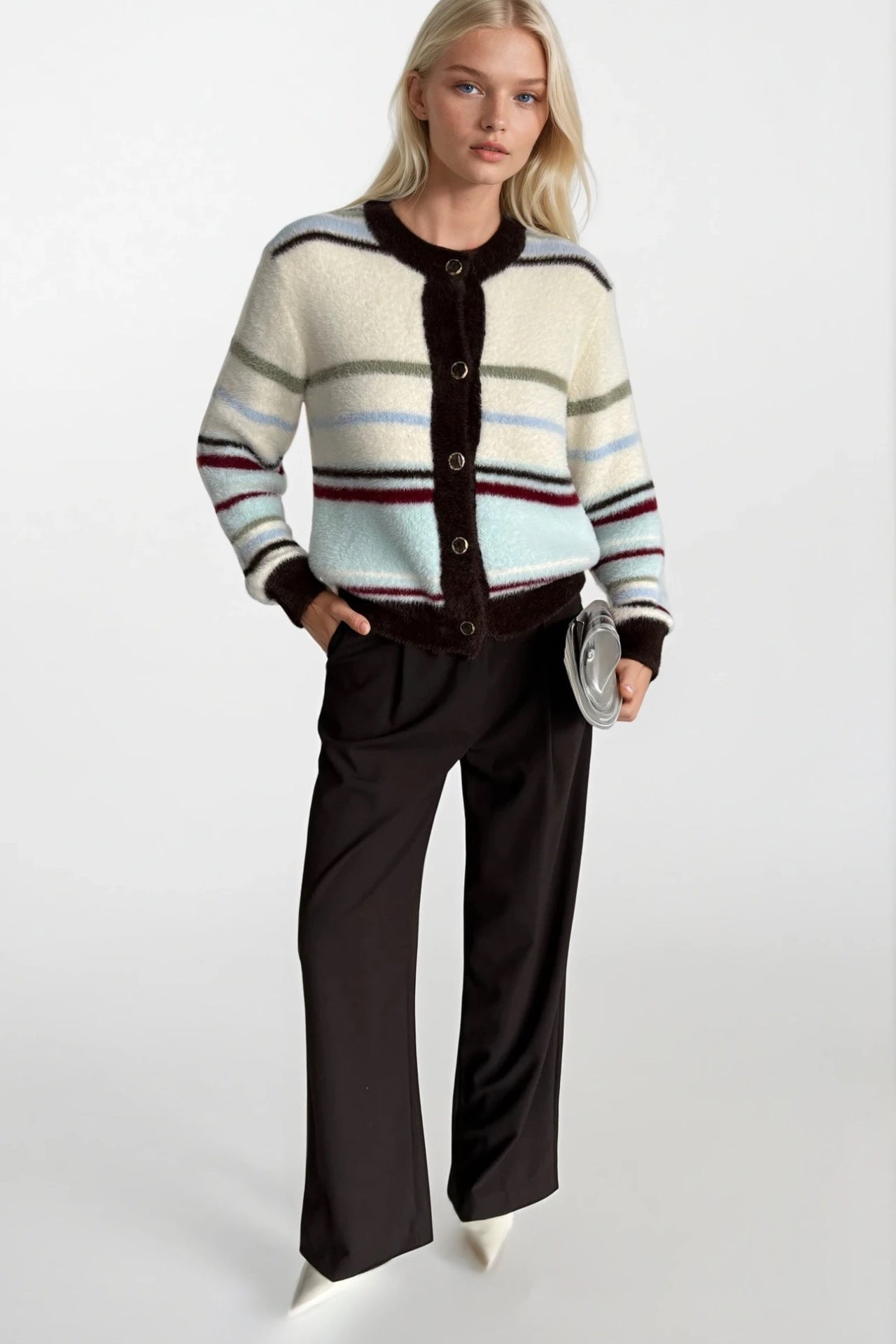 Striped Plush Buttoned Colorful Cardigan