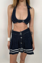 Striped Button Detay Blue Pleated Skirt