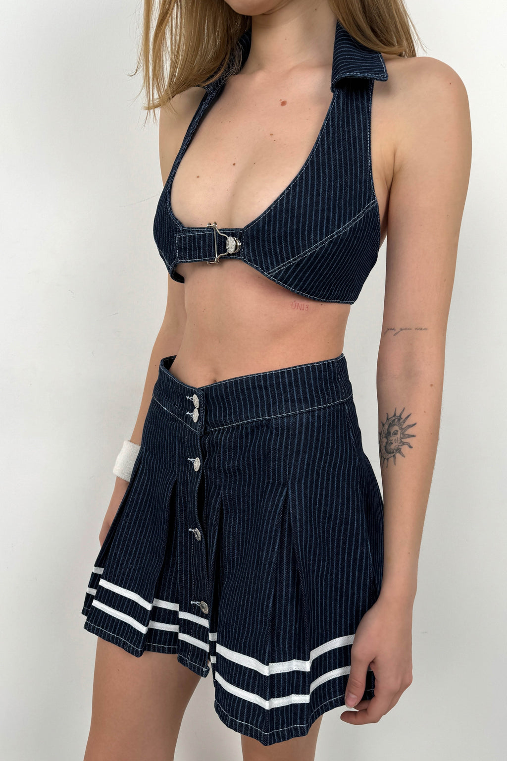 Striped Button Detay Blue Pleated Skirt