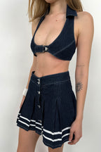 Striped Button Detay Blue Pleated Skirt