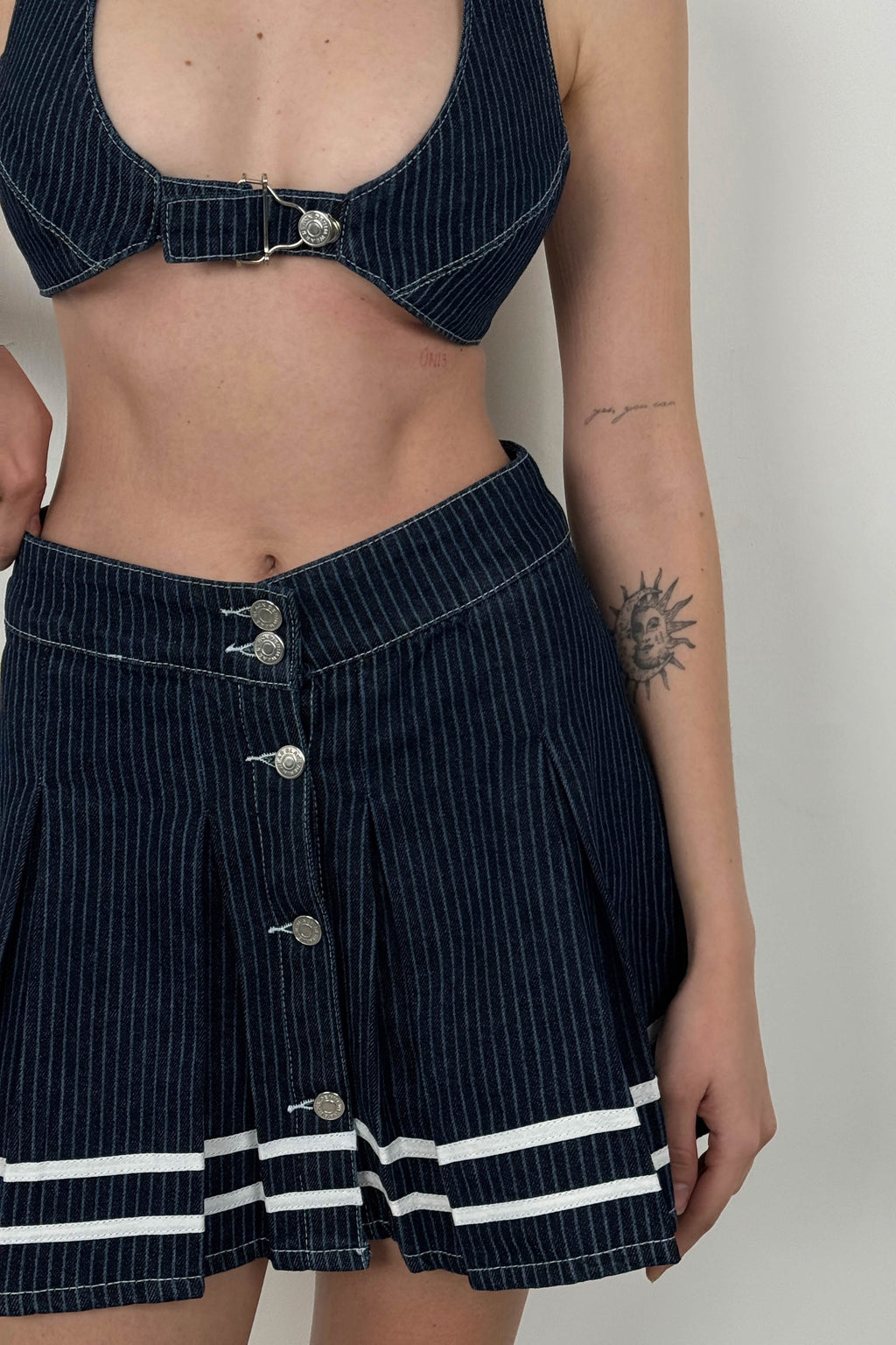 Striped Button Detay Blue Pleated Skirt