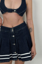 Striped Button Detay Blue Pleated Skirt