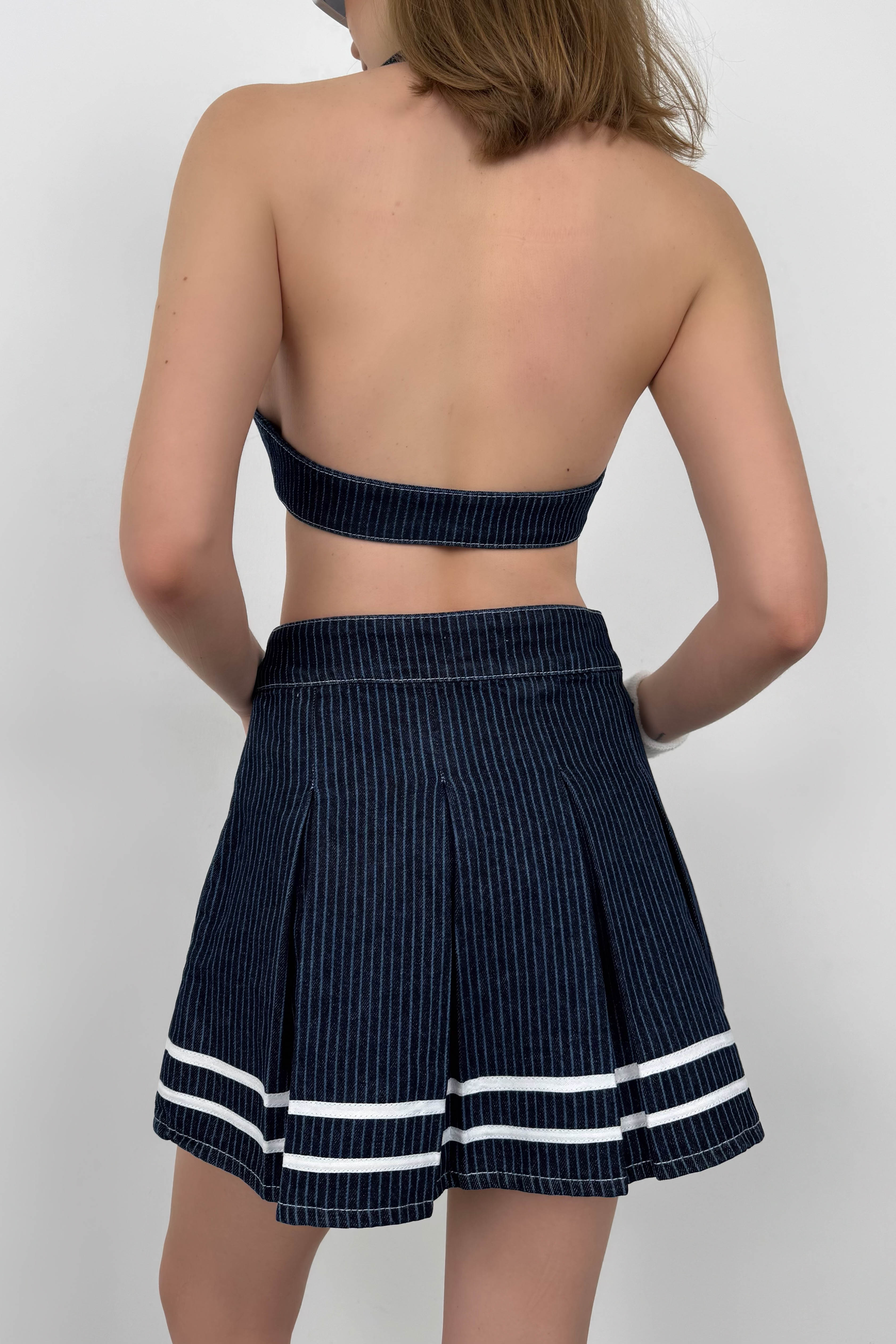 Striped Button Detay Blue Pleated Skirt