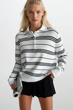 Striped Polo Collar White Blouse