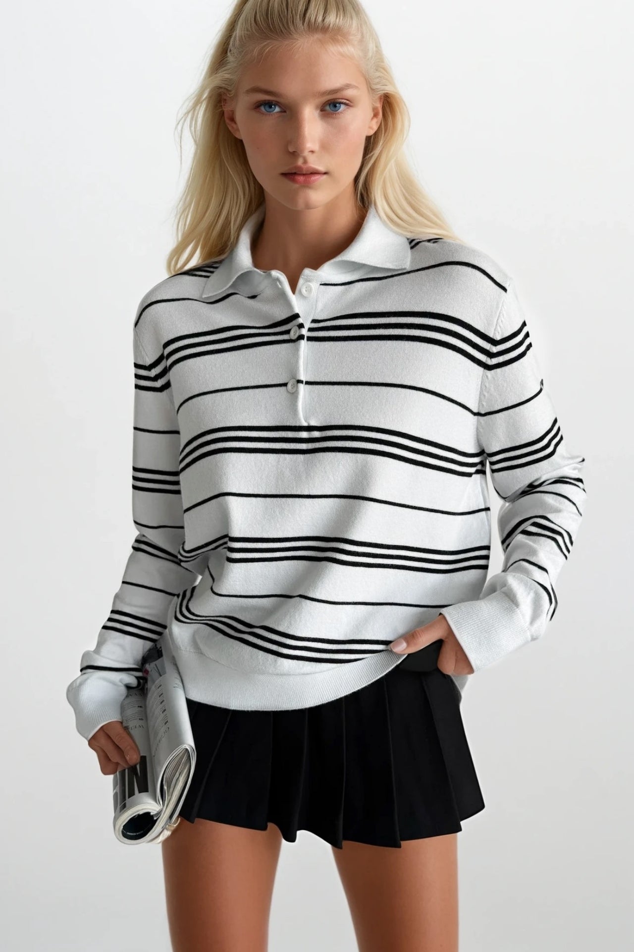 Striped Polo Collar White Blouse