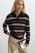 Striped Polo Collar Brown Blouse